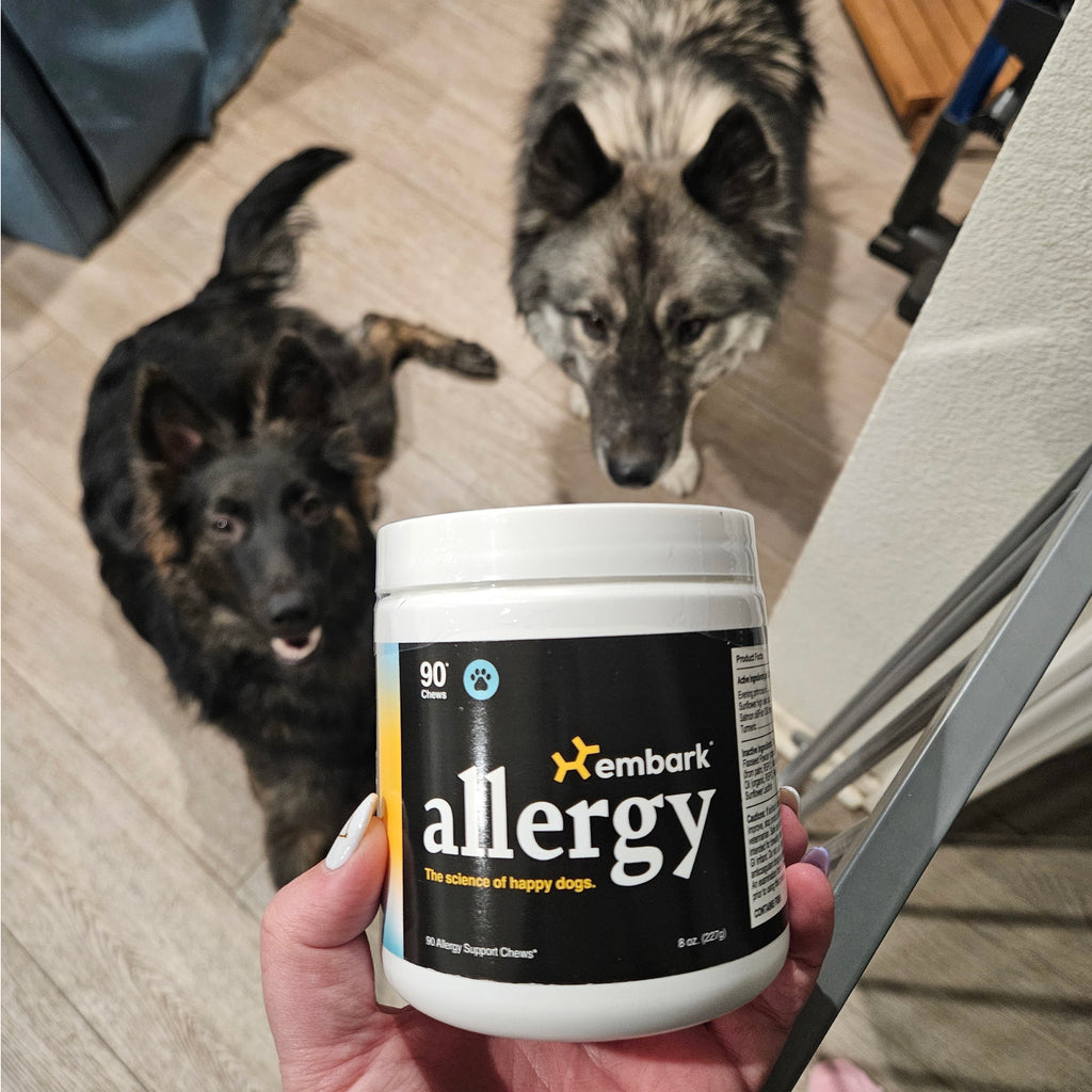 Customers dog with Allergy supplement bottle