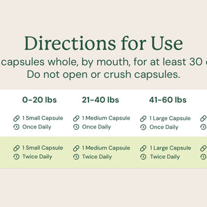 directions for use based on dog weight and severity of symptoms or imbalance