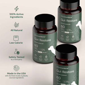 Three bottles of Animal Biome Gut Restore supplement for dogs and product claims