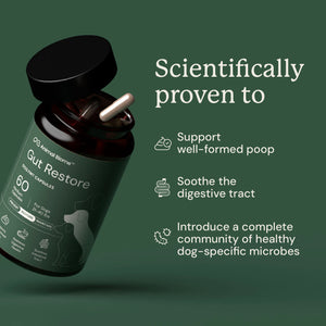 Dog supplement bottle labeled 'Gut Restore' with scientifically proven benefits