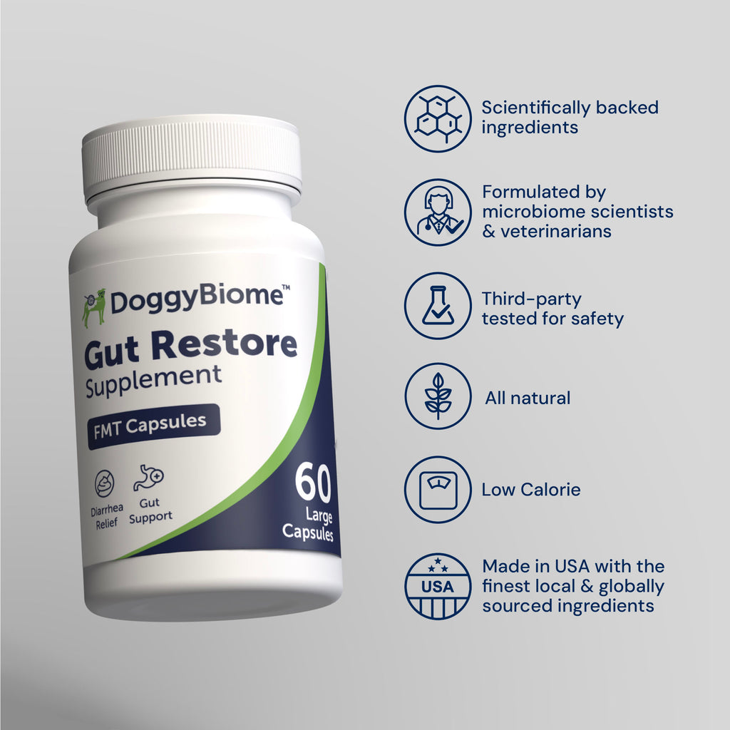 Gut Restore Product Bottle, alongside 6 product claims explaining the effectiveness of the product.