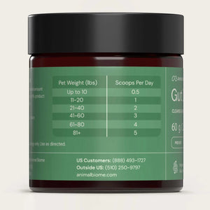 gut defender container showing dosage chart for dogs based on weight 