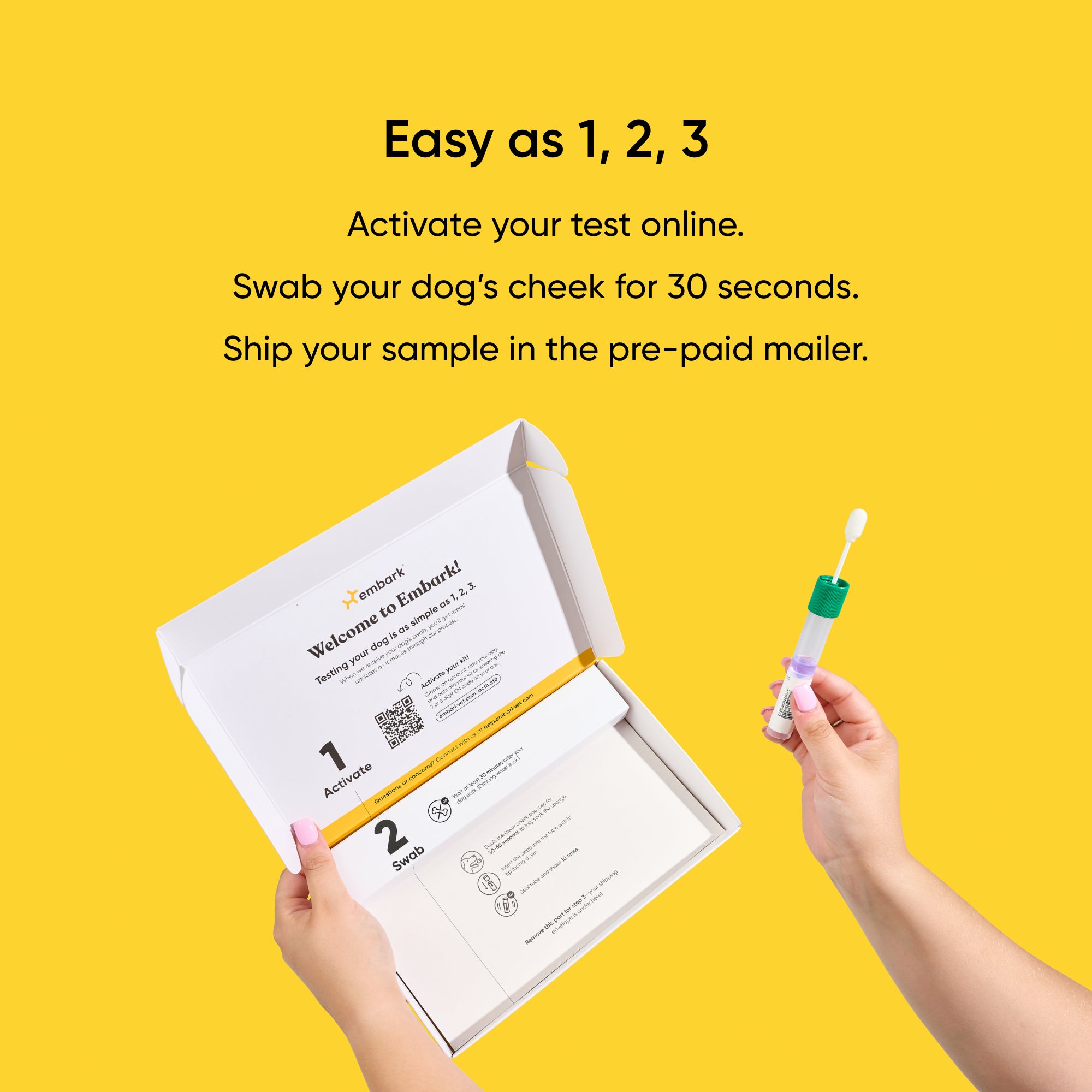 Dog cheek swab kit with instructions on a yellow background