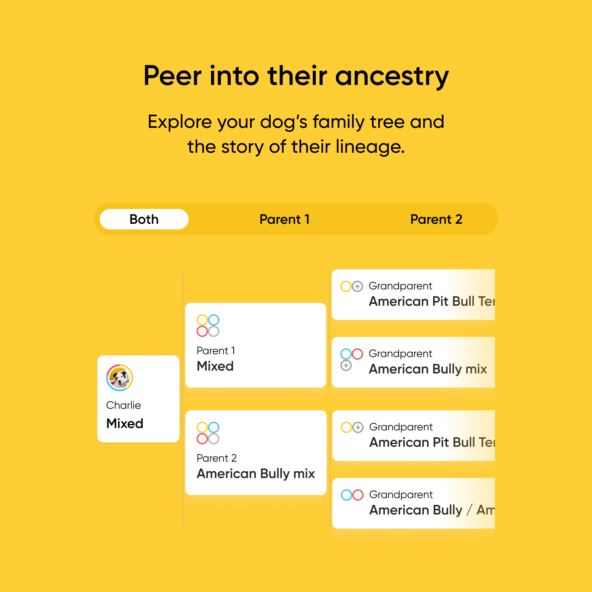app preview of ancestry tree showing parents breeds