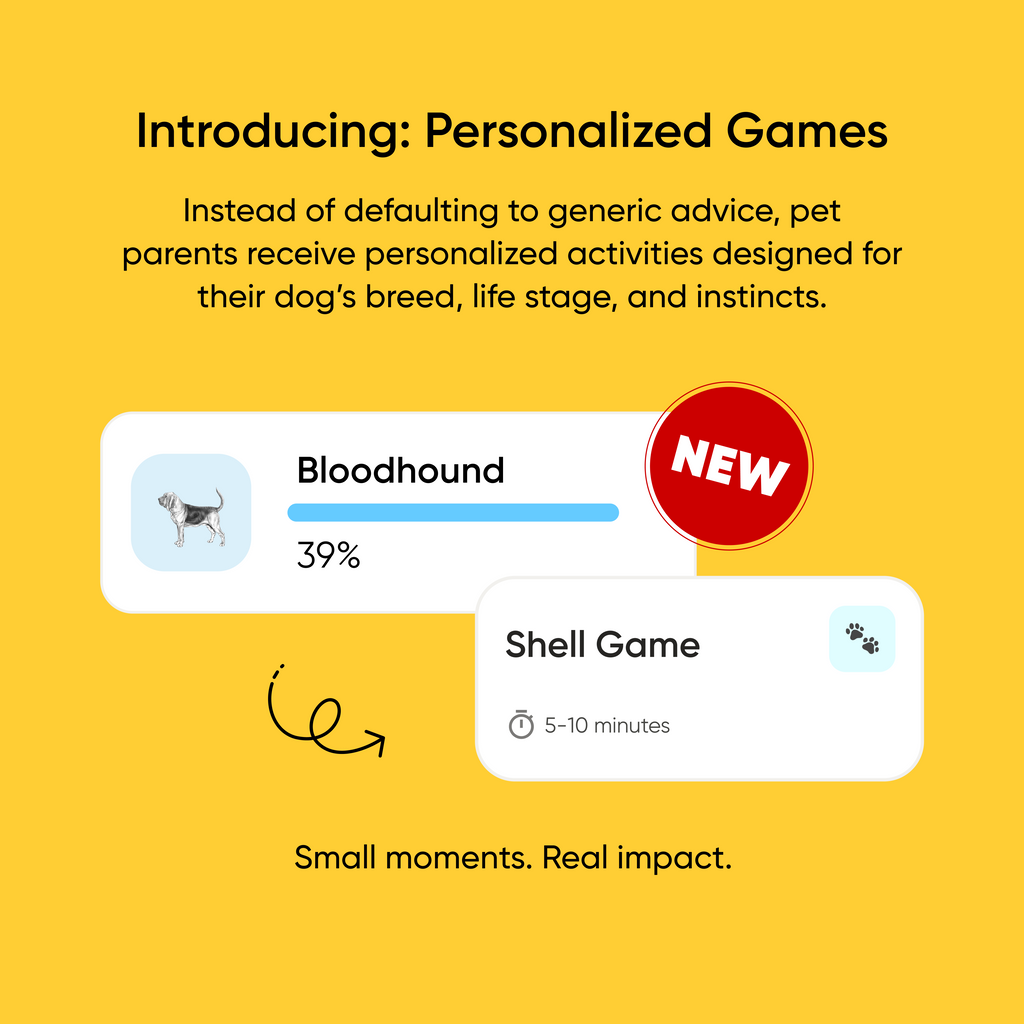 New Personalized games feature showing personalized activities, designed for specific dog breeds. Shell game 5-10 minutes. 