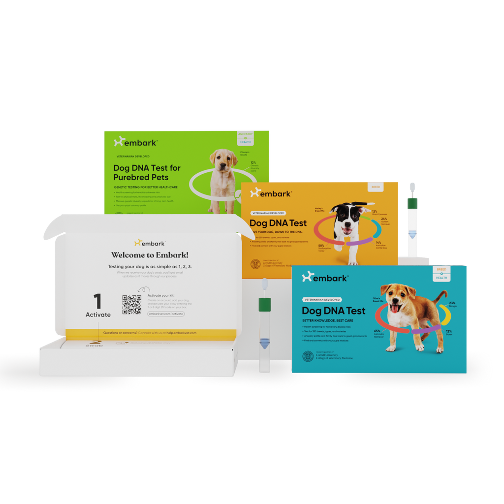 Embark Dog DNA Test kit showing multiple components including a white activation box, a green test box for purebred pets, an orange test box, and a blue test box, all featuring dog illustrations and the Embark brand logo.
