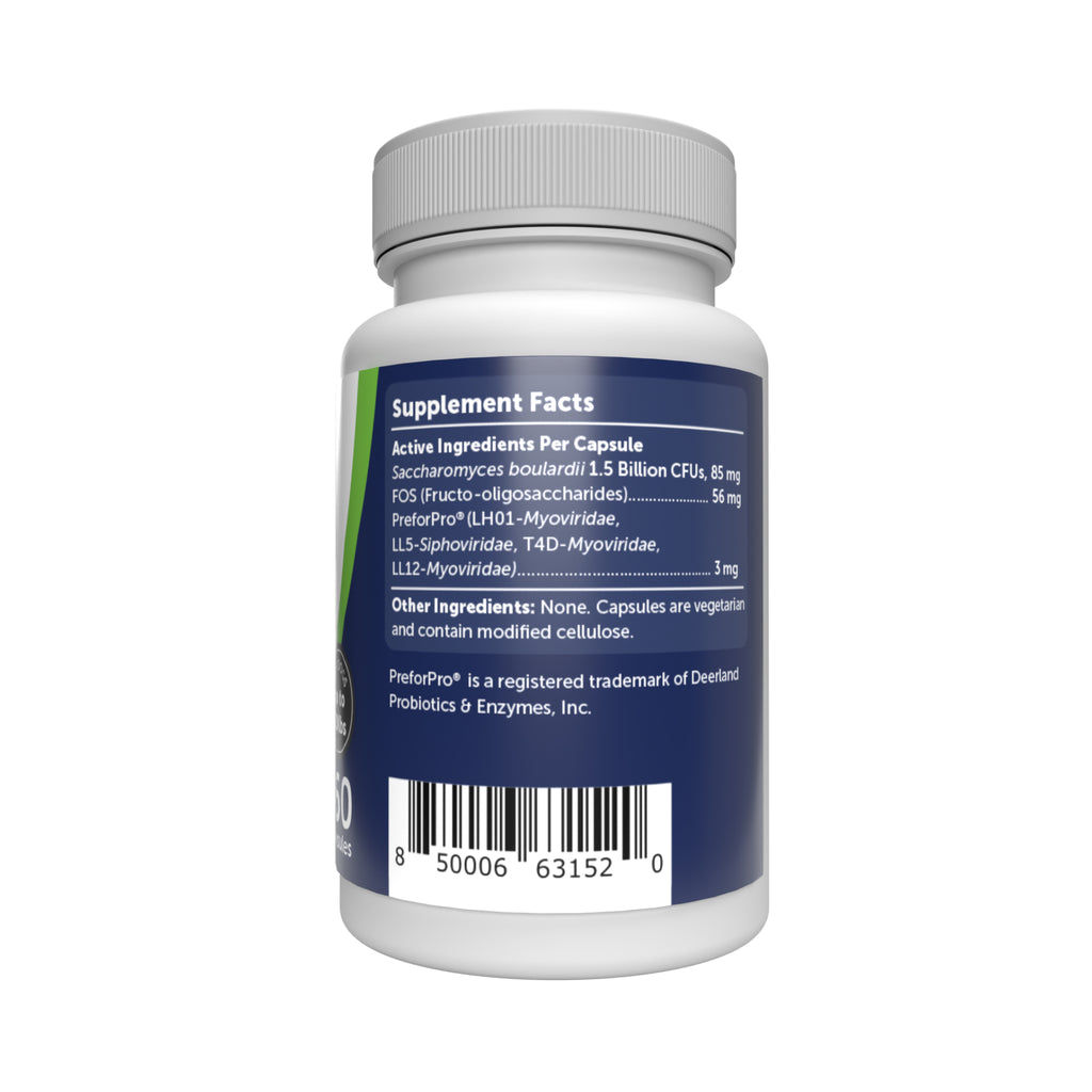 Supplement Facts: Active Ingredients Per Capsule: -Saccharomyces boulardii 1.5 Billion CFUs 85mg -FOS (Fructo-oligosaccharides) 56mg -PreforPro* (LH01-Myoviridae, LL5-Siphoviridae, T4D-Myoviridae, LL12-Myoviridae) 3mg; Other Ingredients: None, Capsules are vegetarian and contain modified cellulose. *PreforPro is a registered trademark of Deerland Probiotics & Enzymes, Inc.